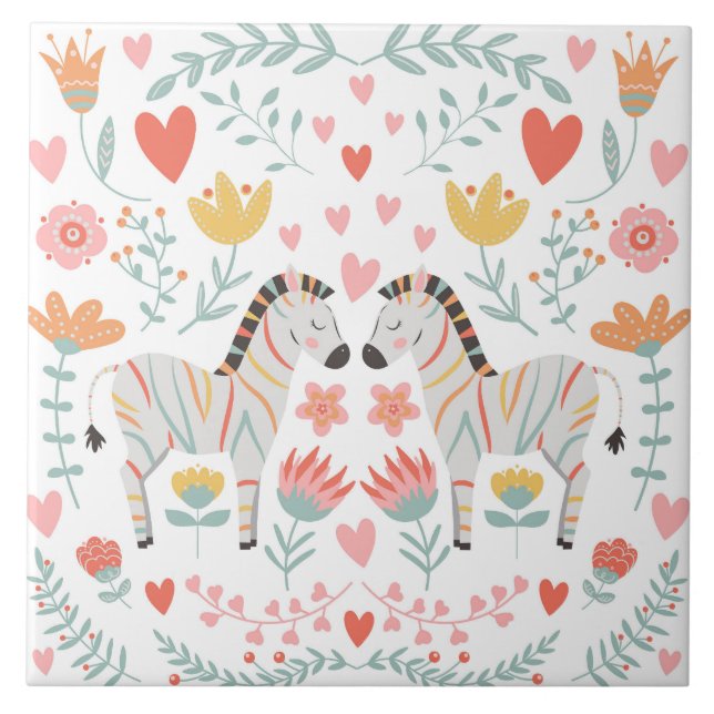 Zebra och Flowers Colorful Scandinavian Folk Art Kakelplatta (Framsidan)
