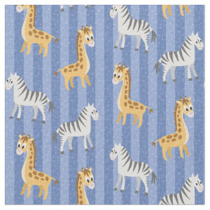 Zebra och Giraffe African Safari Blue Rand Tyg