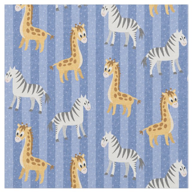 Zebra och Giraffe African Safari Blue Rand Tyg (Närbild)