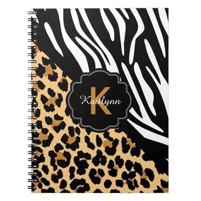 Zebra- och leopardtryckt anteckningsbok med eget m spiral (Framsidan)