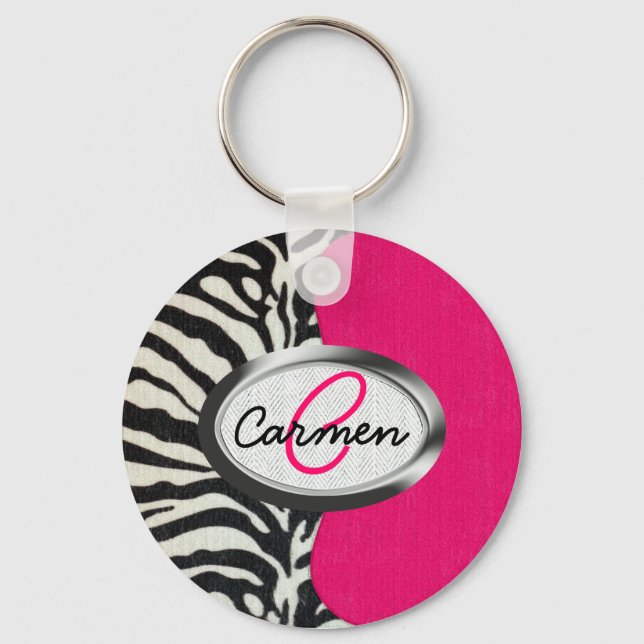 Zebra och Neon Rosa med metallmonogram Nyckelring (Framsida)