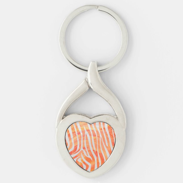 Zebra-Orange och vit utskrift Twisted Heart Silverfärgad Nyckelring (Framsidan)