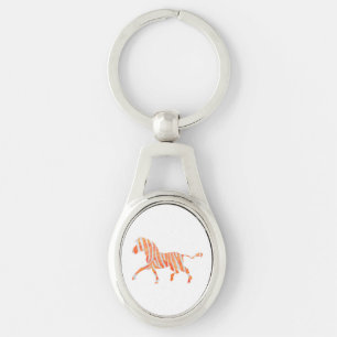 Zebra Orange och White Silhouette Ovalt Silverfärgad Nyckelring