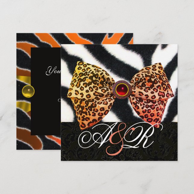 ZEBRA PÄLS,LEOPARD SKIN BOW,BLACK DAMASK MONOGRAM INBJUDNINGAR (Fram/baksida)