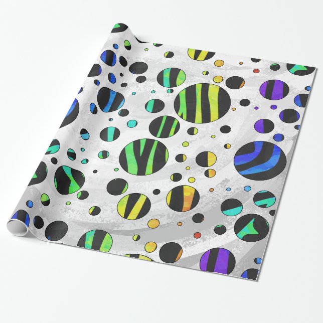 Zebra Polka Dot Black and Rainbow Print Presentpapper (Utrullad)