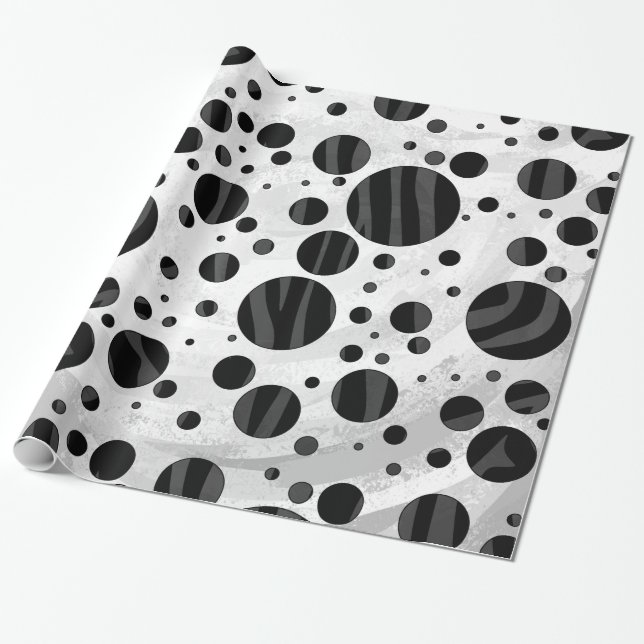 Zebra Polka Dot Black och Grått Print Presentpapper (Utrullad)