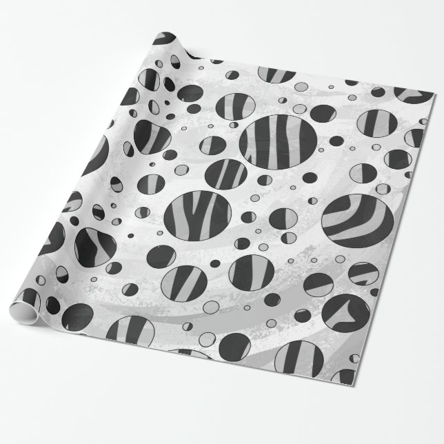 Zebra Polka Dot Black och Light Grått Presentpapper (Utrullad)