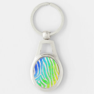 Zebra Rainbow och White Print Ovalt Silverfärgad Nyckelring