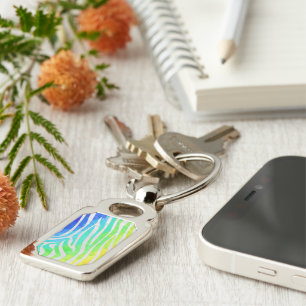 Zebra Rainbow och White Print Rektangulärt Silverfärgad Nyckelring