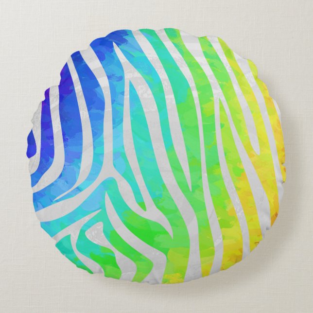 Zebra Rainbow och White Print Rund Kudde (Framsidan)