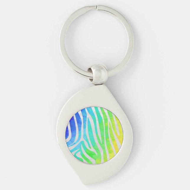 Zebra Rainbow och White Print Swirl Silverfärgad Nyckelring (Framsidan)