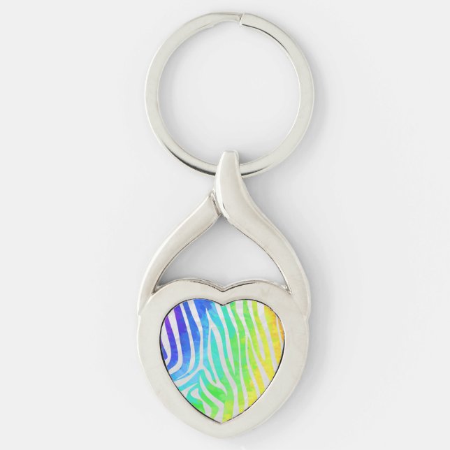 Zebra Rainbow och White Print Twisted Heart Silverfärgad Nyckelring (Framsidan)