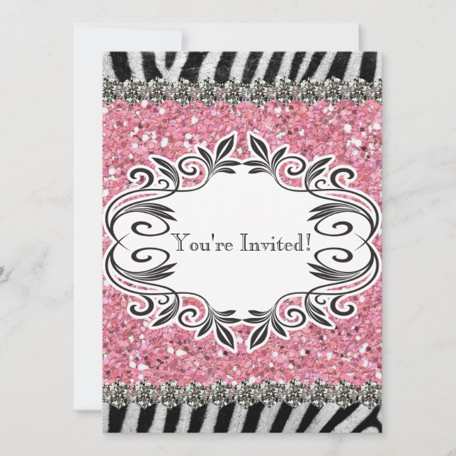 Zebra Rand Rosa Glitter Birthday Inbjudan (Framsida)