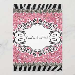 Zebra Rand Rosa Glitter Birthday Inbjudan