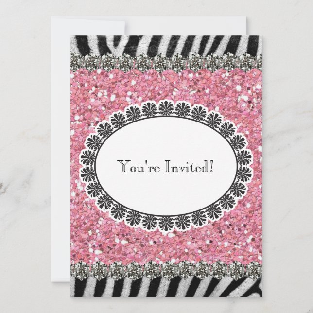 Zebra Rand Rosa Glitter Birthday Inbjudan (Framsida)