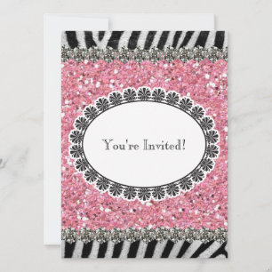 Zebra Rand Rosa Glitter Birthday Inbjudan