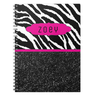 Zebra Rand w/Glitter Rosa Personlig Notebook Anteckningsbok Med Spiral