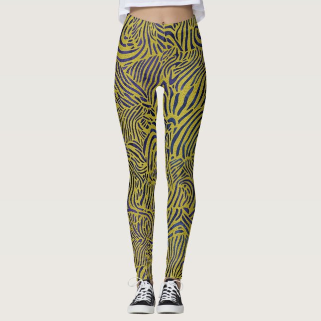 Zebra ränder i Guld och Blå metall Leggings (Framsida)