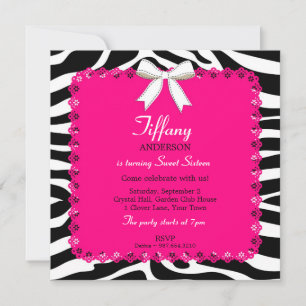 Zebra ränder med Shock rosa Sweet 16 Birthday Inbjudningar