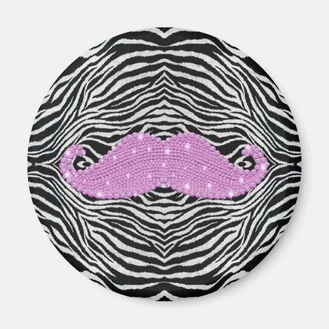 Zebra ränder och Rosa Bling Mustache Magnet (Framsidan)