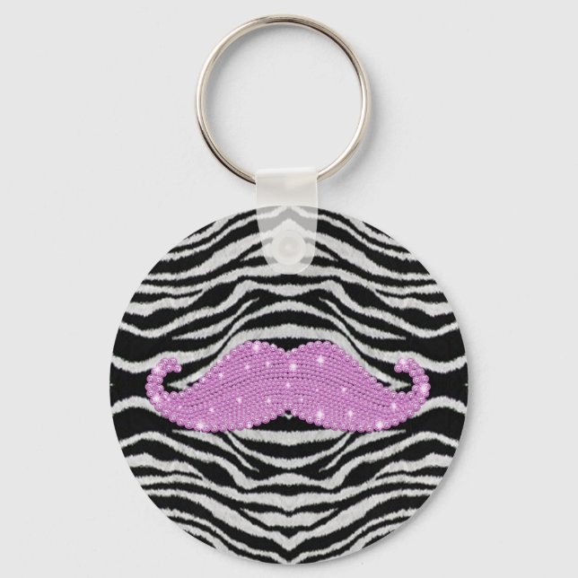 Zebra ränder och Rosa Bling Mustache Nyckelring (Framsida)