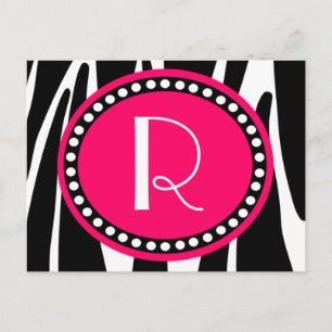 Zebra ränder och Shock rosa Monogrammed-kort Inbjudan Vykort