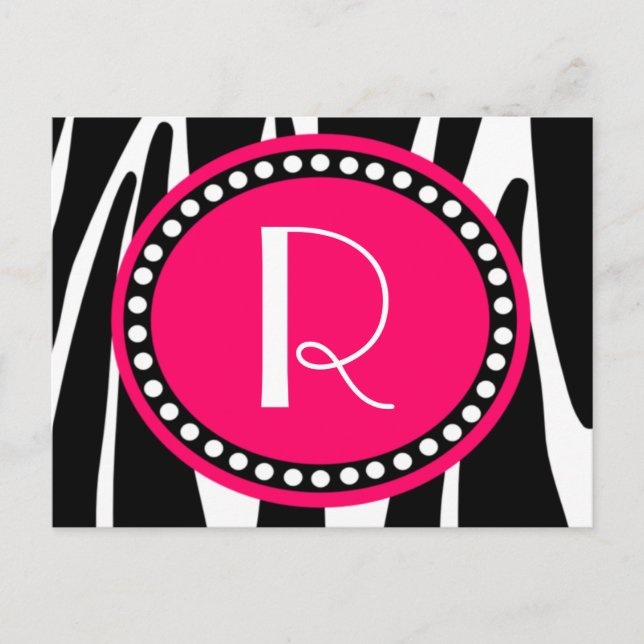 Zebra ränder och Shock rosa Monogrammed-kort Inbjudan Vykort (Framsida)