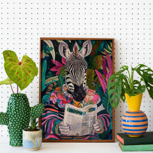 Zebra Reading a Bok Maximalist Animal Art Poster