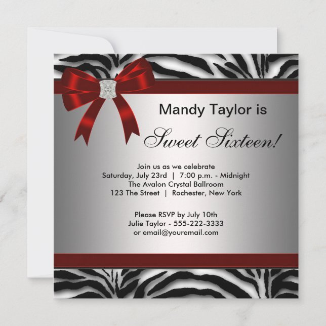 Zebra Red Bow Finare Sweet sixteen Inbjudningar (Framsida)