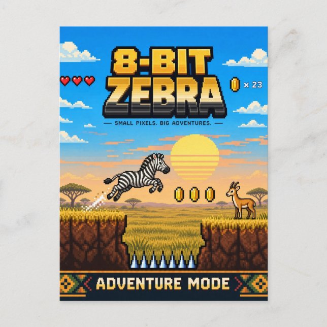 Zebra, Retro 8-Bit Pixelkonst Vykort (Framsida)