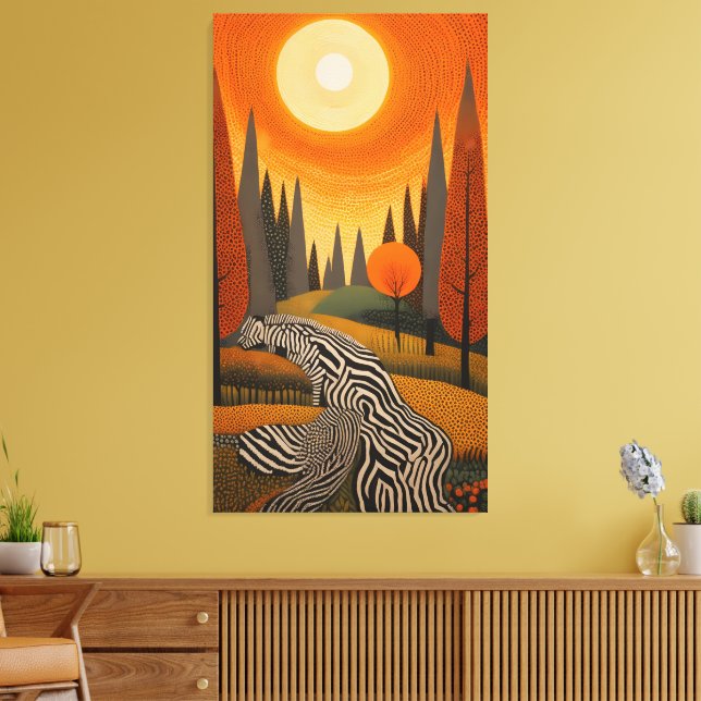 Zebra River: Dot Art Sunset in the Wild Canvastryck (Insitu (Vardagsrum))