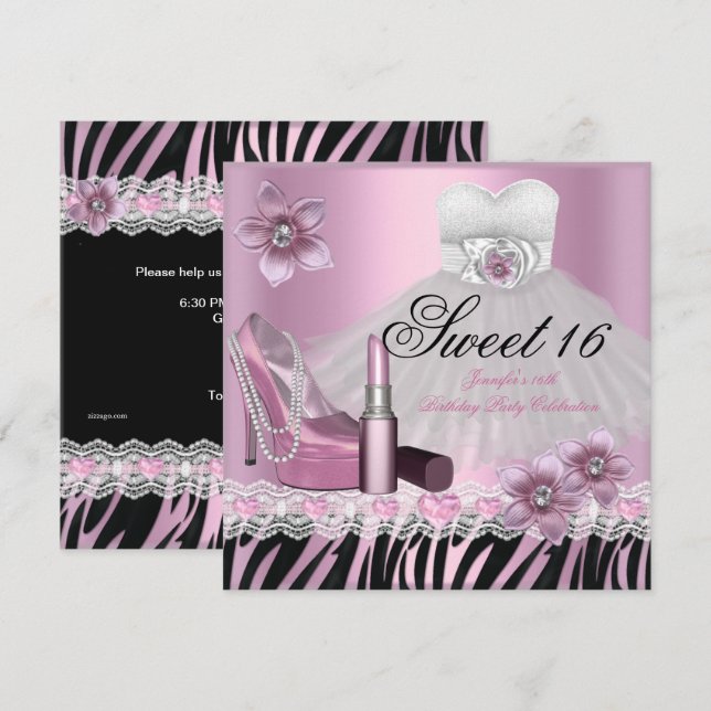 Zebra Rosa Black Sweet sixteen 16 Dress Lipstick 2 Inbjudningar (Fram/baksida)