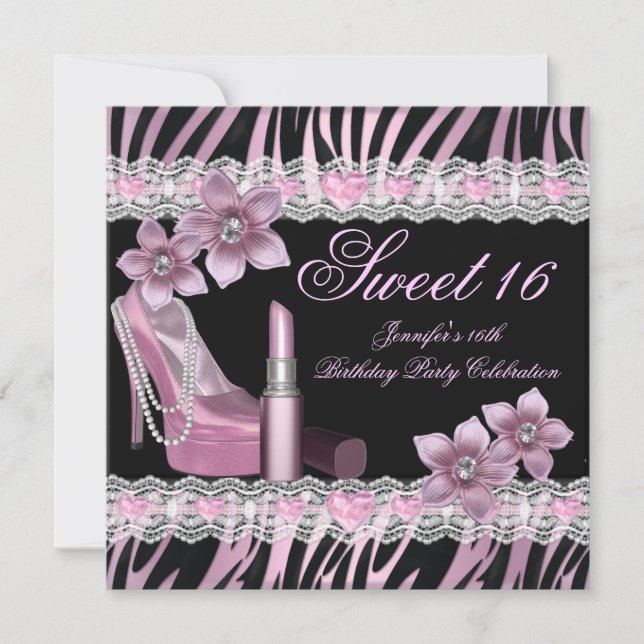 Zebra Rosa Black Sweet sixteen 16 Party Lipstick Inbjudningar (Framsida)