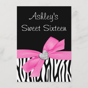 Zebra Rosa Bow Diamond Sweet 16 Inbjudningar