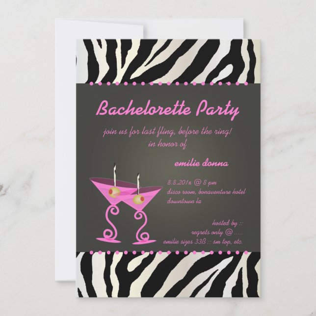 Zebra/rosa martini Bachelorette Party Inbjudningar (Framsida)