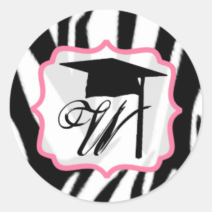 Zebra & Rosa Monogram Studentmössa Sticker Runt Klistermärke