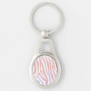 Zebra Rosa och vit utskrift Ovalt Silverfärgad Nyckelring