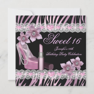 Zebra Rosa Svart Sweet Sixteen 16 Födelsedagsfest Inbjudningar