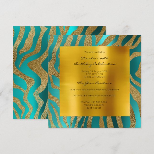 Zebra Safari Animal Skin Teal Mustard Guld Inbjudningar (Fram/baksida)