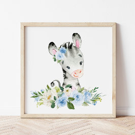 Zebra, Safari, Jungle, Blåa blommor, Boy Nursery Poster