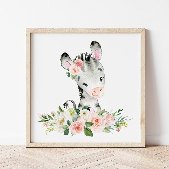 Zebra, Safari, Jungle, Rosa Flowers, Girl Nursery Poster (Skapare uppladdad)
