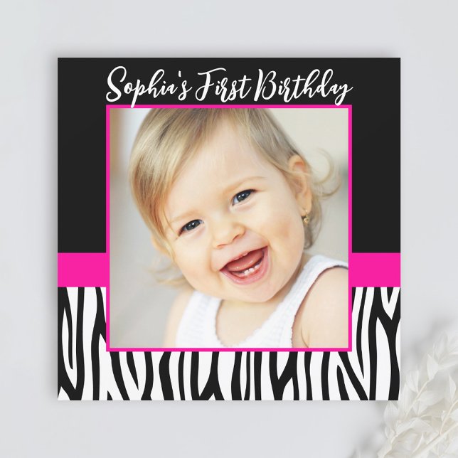 Zebra Shock rosa Girls Photo 1st Birthday Party Inbjudningar (Skapare uppladdad)