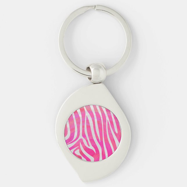 Zebra Shock rosa och vit utskrift Swirl Silverfärgad Nyckelring (Framsidan)