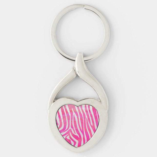 Zebra Shock rosa och vit utskrift Twisted Heart Silverfärgad Nyckelring (Framsidan)