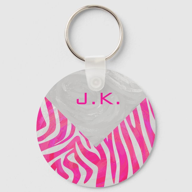 Zebra Shock rosa och White med Monogram Nyckelring (Framsida)