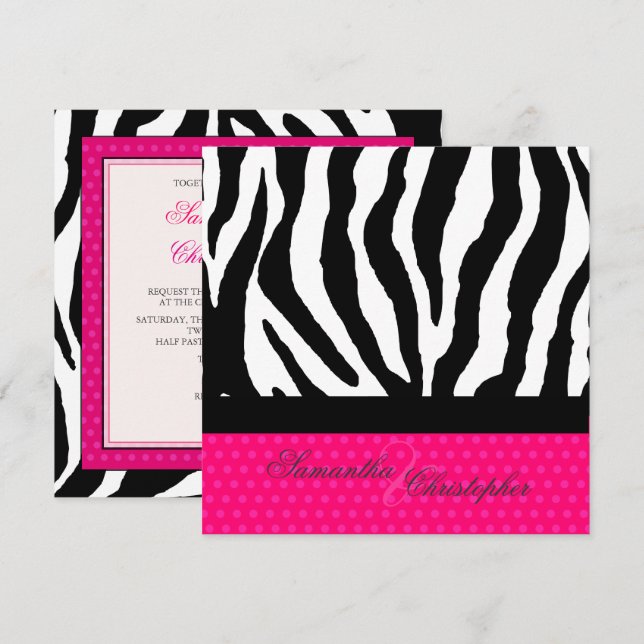 ZEBRA+SHOCK ROSA POLKA DOTS DIY FÄRGER INBJUDNINGAR (Fram/baksida)