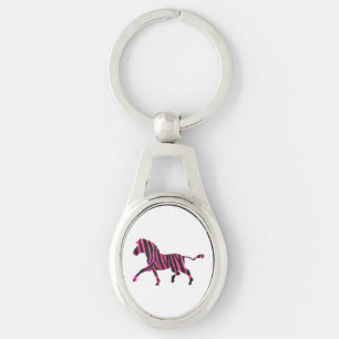 Zebra Silhouette Black and Shock rosa Print Ovalt Silverfärgad Nyckelring