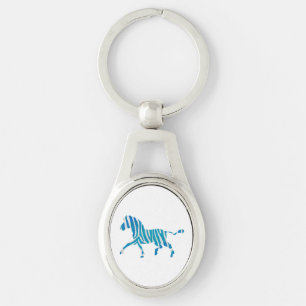 Zebra Silhouette Blue och White Ovalt Silverfärgad Nyckelring