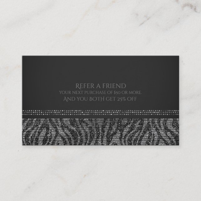 Zebra Silver Sparkle Glam Chic Refer a Friend Rabattkort (Framsida)