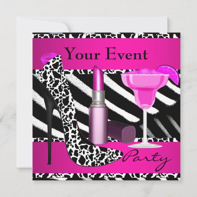 Zebra skor Party Event Hot Rosa Lippstift Inbjudningar (Framsida)